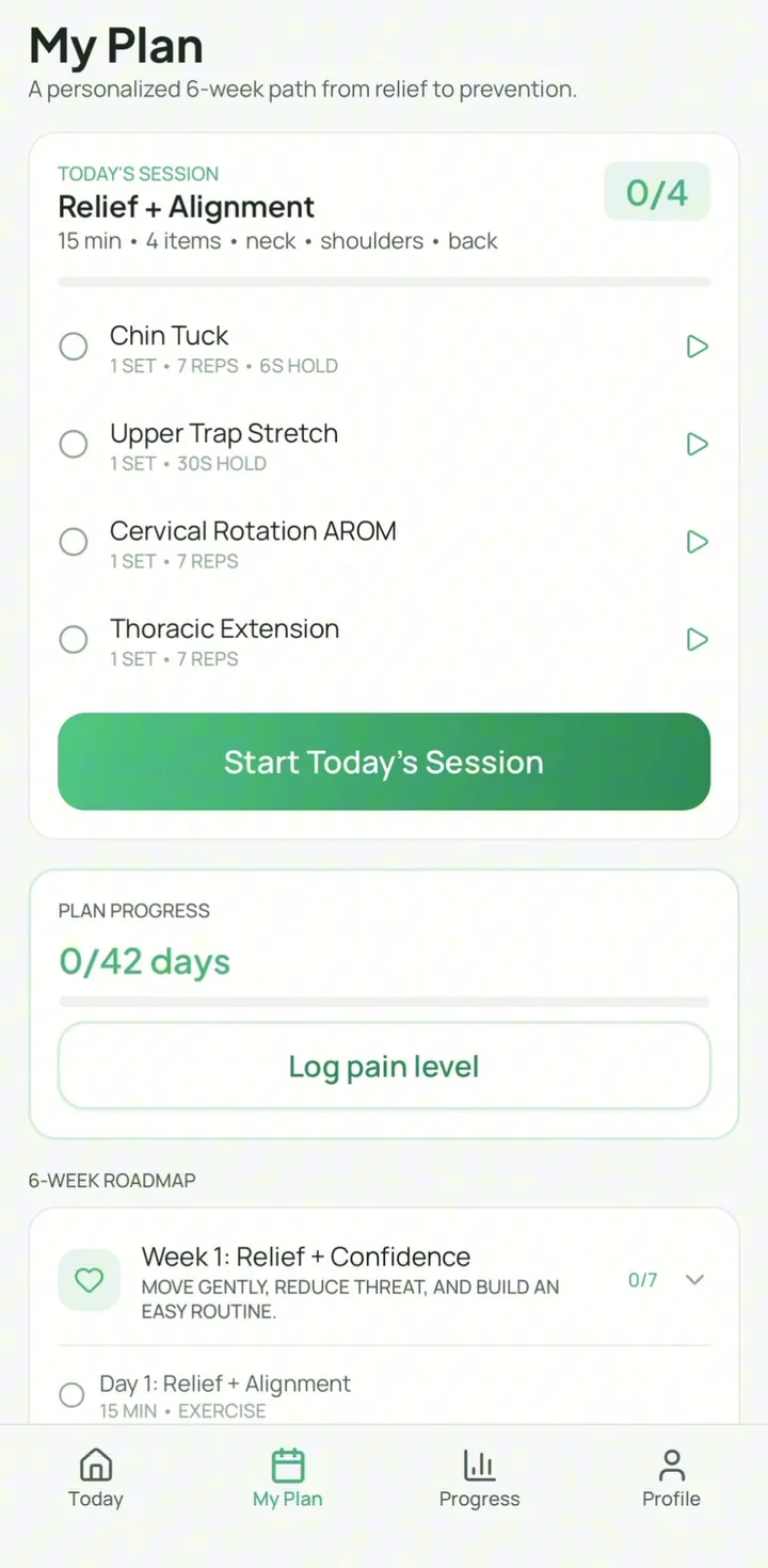 Physly My Plan screen with today's Relief and Alignment session